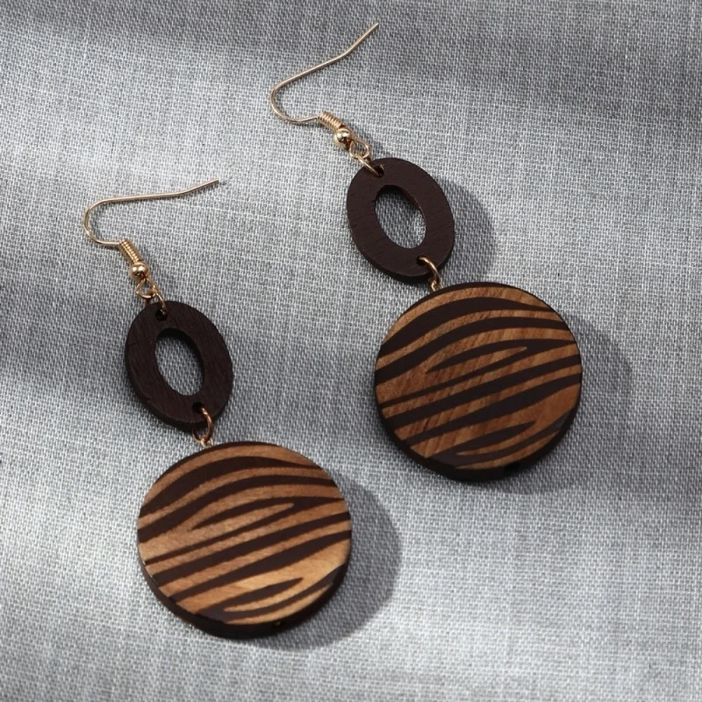 *ANIERA* Dark Brown Simple Round Zebra Print Wooden Fashion Earrings